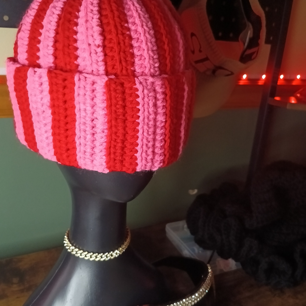 Striped Pink and Red Knit Beanie